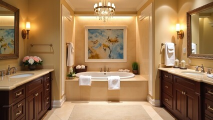 Elegant bathroom with a soaking tub and double vanity.