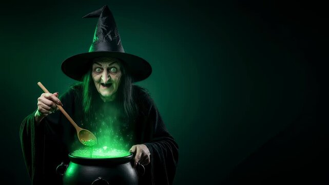 Scary old witch stirring glowing green potion in a cauldron, preparing spells for a spooky Halloween celebration footage.