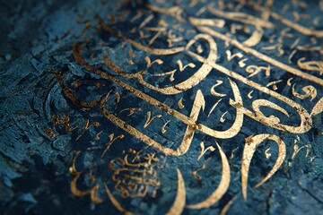 Elegant golden arabic calligraphy art on textured teal background brings a spiritual, artistic touch to design projects and cultural celebrations