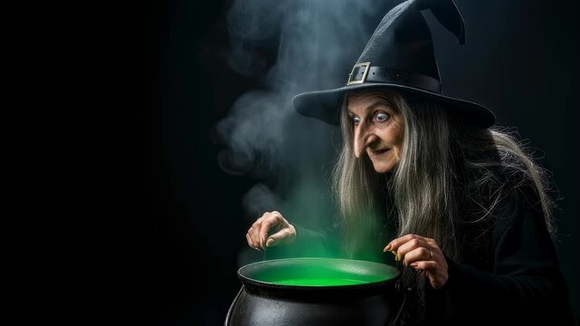 Old woman witch in a black hat creating potion in a bubbling green cauldron on a dark background for Halloween footage.