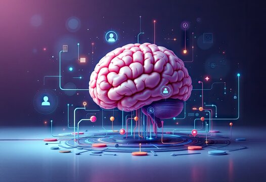 A realistic 3D human brain model is centrally positioned, illuminated and surrounded by glowing circuit lines, nodes, and user interface icons, suggesting neural networks and digital connectivity. - Powered by Adobe
