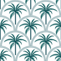 Seamless palm tree pattern featuring tropical botanical elements. This design is perfect for summer.	
