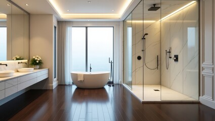 Luxurious bathroom interior with a modern shower stall.