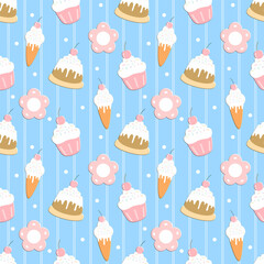 seamless pattern with icecream and flowers, fabric pattern, gift wrapping paper, notebook cover, phone case , background 