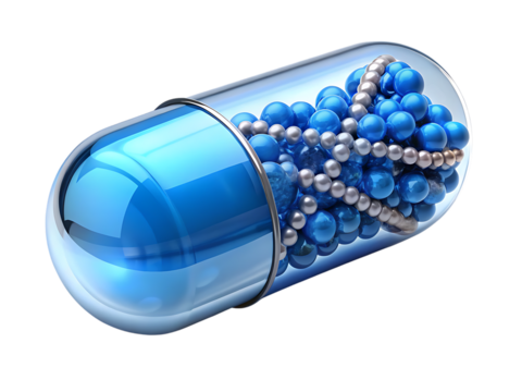 Close up of a transparent capsule filled with blue and silver spheres and beads isolated on a transparent background