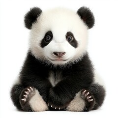 Naklejka premium A cute baby panda sitting and looking at the viewer with a playful expression.