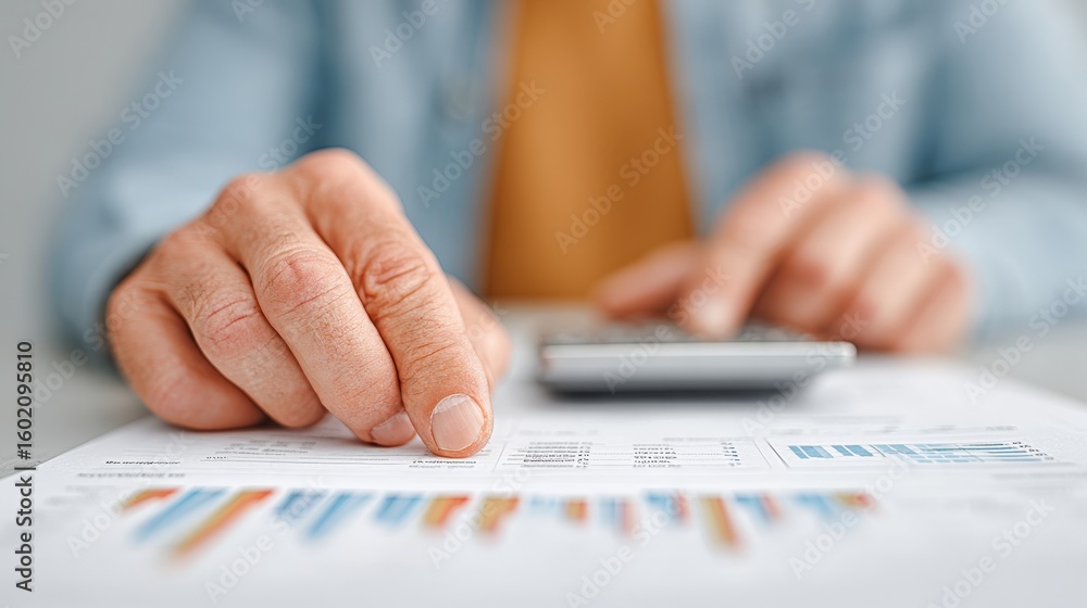 Poster personal finance wealth optimization concept. person analyzing financial data with a calculator and 