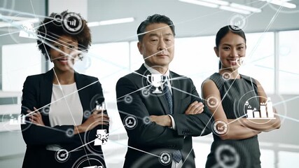 Diverse Business Team Portrait in Modern Office with Infographic Overlay Confident Man in Dark Suit Black Jacket and Gray Dress Standing Together - Powered by Adobe