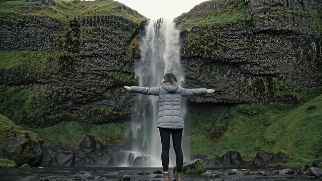 Back View Of Woman In Padded Jacket Standing Before A Majestic Icelandic Waterfall With Green Mossy Cliffs Under An Overcast Sky