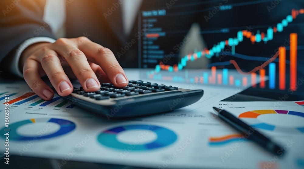 Poster personal finance wealth optimization concept. business professional analyzing financial data with ca