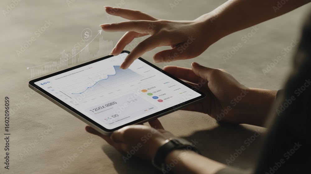 Poster personal finance wealth optimization concept. hands using a tablet to analyze financial data and tre