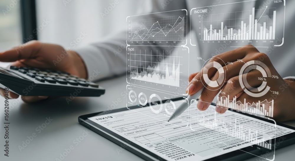 Poster personal finance wealth optimization concept. business analytics with tablet and calculator in moder