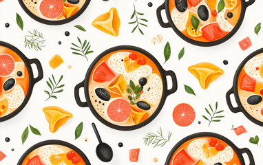 Creamy soup with vegetables and herbs seamless pattern, warm and comforting food illustration with fresh ingredients and spices