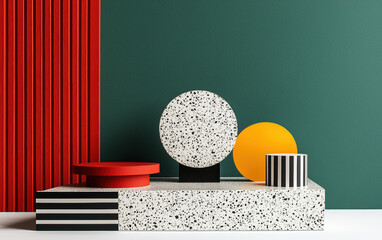 Modern geometric abstract composition with colorful shapes and terrazzo texture on green and red background