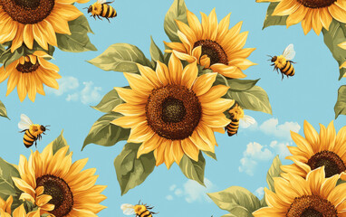 Sunflower pattern with bees flying on blue sky background, bright summer floral design with cheerful mood