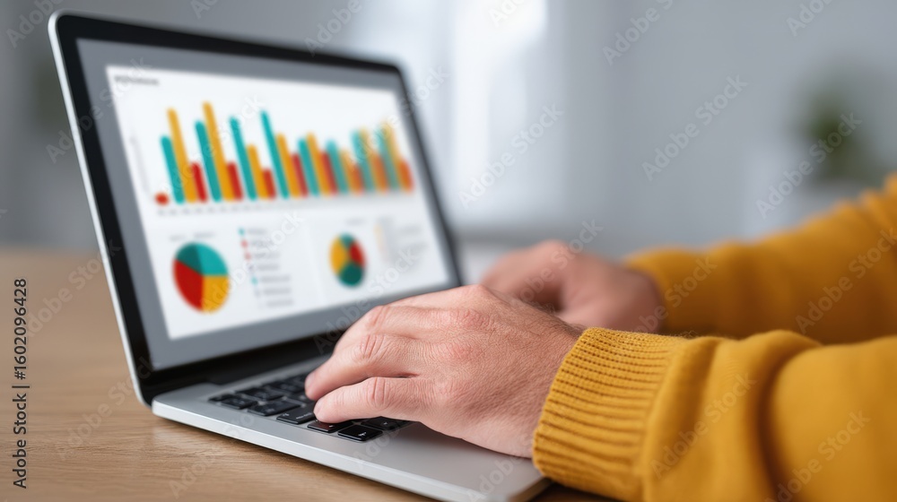 Poster personal finance wealth optimization concept. person analyzing data on a laptop with colorful charts