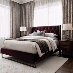 A cozy bedroom decorated in deep jewel tones features a burgundy bed frame and metal legs.