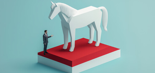 Man suit standing near large white Trojan horse sculpture red and white platform with blue background, symbolizing strategy