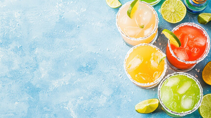 Colorful margarita cocktail glasses with lime slices and ice on blue textured surface refreshing summer drink