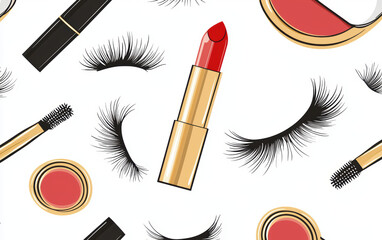 Red lipstick, false eyelash, mascara brush, blush compact, makeup beauty pattern with elegant cosmetic items