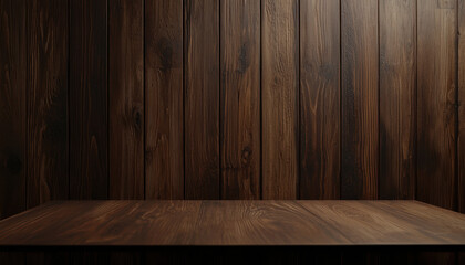 Dark wooden table surface with vertical wooden plank wall background creating warm and rustic atmosphere