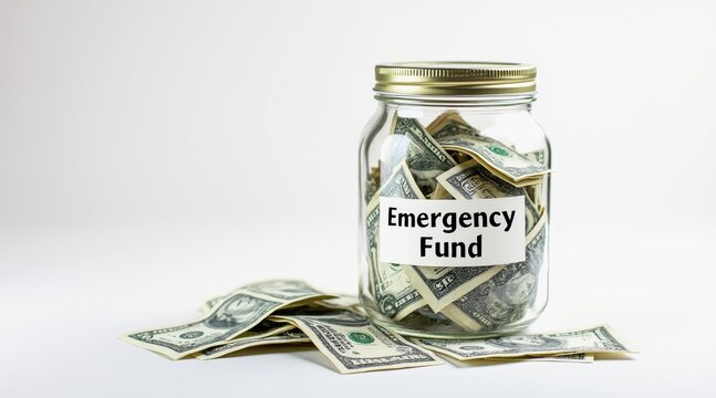 personal finance wealth optimization concept. Glass jar labeled "Emergency Fund" filled with dollar bills.
