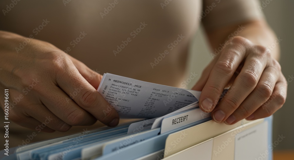 Poster personal finance wealth optimization concept. organizing documents in a file folder using hands.