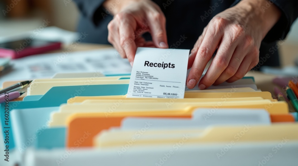 Poster personal finance wealth optimization concept. organizing receipts in colorful file folders on a desk