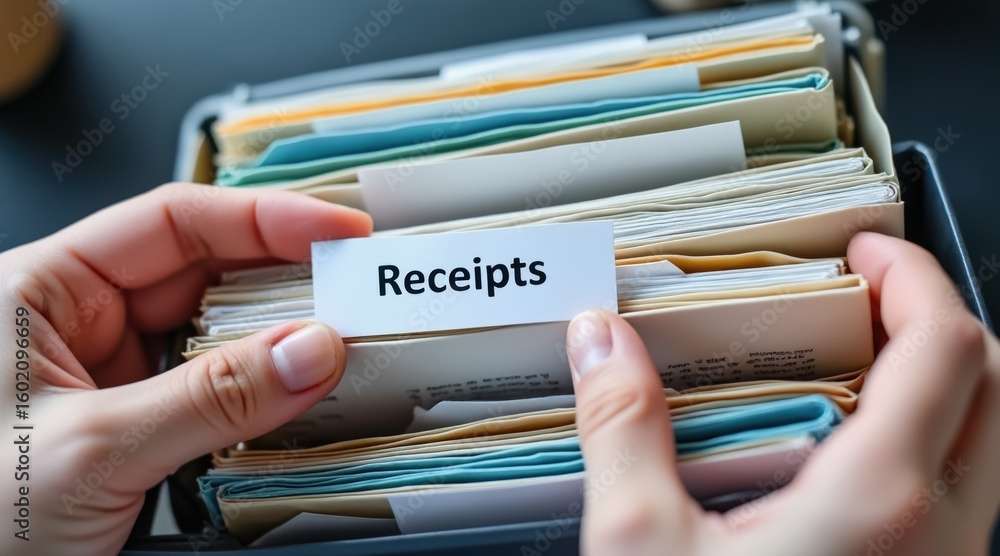 Poster personal finance wealth optimization concept. organized receipts in a filing system for easy access.