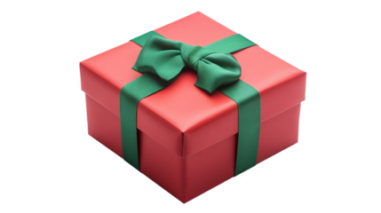 red gift box with green ribbon isolated on white background