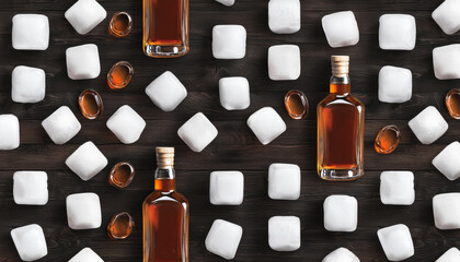 Whiskey bottle with glass and ice cubes on dark wooden surface creating seamless pattern with warm inviting tones
