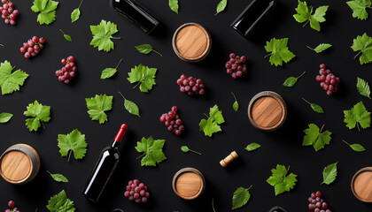 Seamless wine cellar pattern with oak barrels, red wine bottles, grape clusters, and green leaves black background creating