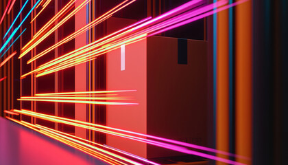 Fast moving warehouse package with glowing light streaks showing speed and efficiency in logistics