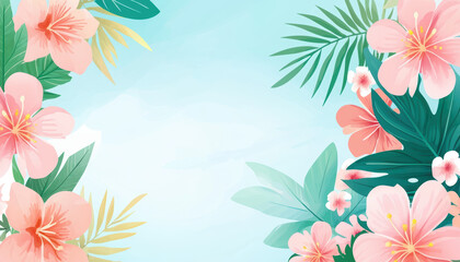 Soft pastel summer pattern blending delicate pink flower and green tropical leaves on light blue background