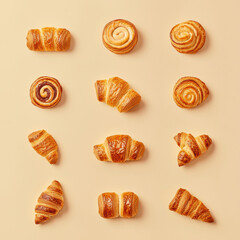 Croissant and cinnamon roll bakery food pattern with golden flaky texture arranged on beige background