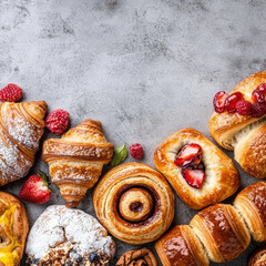 Fresh assorted bakery pastry with croissant, danish, and fruit toppings rustic surface, inviting and delicious breakfast treat