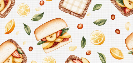 Vintage picnic food pattern with sandwiches, lemon slices, leaves, and nuts creating fresh and cheerful design