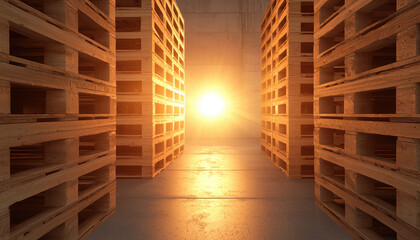 Wooden pallet stacks in warehouse with warm sunlight shining through creating calm and inviting atmosphere