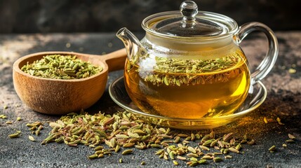 Fennel Tea in Glass Teapot Still Life Photography, Herbal Beverage, Close-up, Aromatic, Healthy Drink Herbal Tea, Fennel Seeds