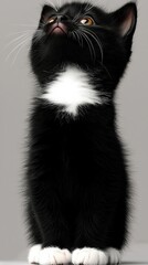 A cute black kitten with a white patch on its chest, looking upward.