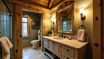 Rustic log cabin bathroom with a light and airy feel.