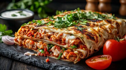 Grilled Chicken Paratha Lasagna Layers of Flavors, Close-up Food Photography, Delicious Recipe, Paratha Recipe Paratha, Lasagna