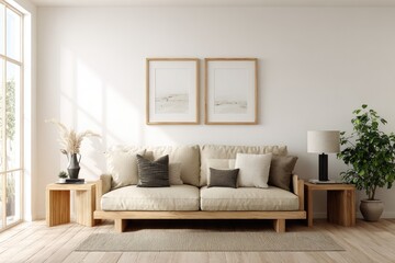 Minimalist living room with light wood furniture and framed artwork