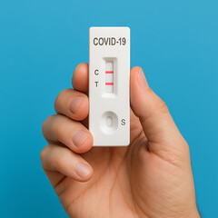 A hand holds a COVID-19 rapid antigen test cassette showing a positive result with two visible red lines, against a bright blue background.