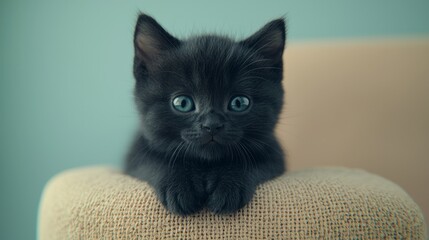 A cute black kitten with blue eyes resting on a textured surface.