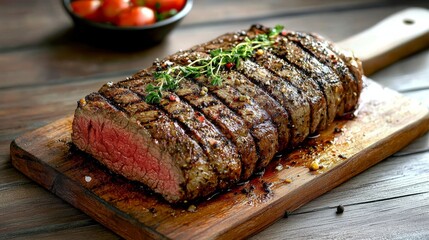 Grilled Herb-Crusted Steak on Wooden Board Close-up Photography, Food Styling, Recipe, Medium Rare, Steak Recipe Steak Photography, Food Photography