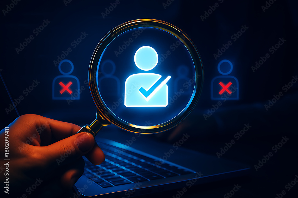 Poster virtual hiring process showing selected profile through magnifying glass with technology based recru