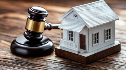 Judge's Gavel and House Model Foreclosure Concept, Wooden Background, Real Estate Law, Property Dispute Real Estate Law, Foreclosure
