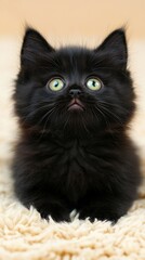 A cute black kitten with bright green eyes sitting on a soft surface.