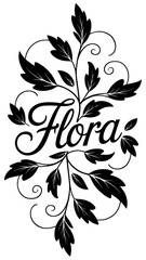 Creative black and white floral design featuring the word Flora with elegant swirling leaves